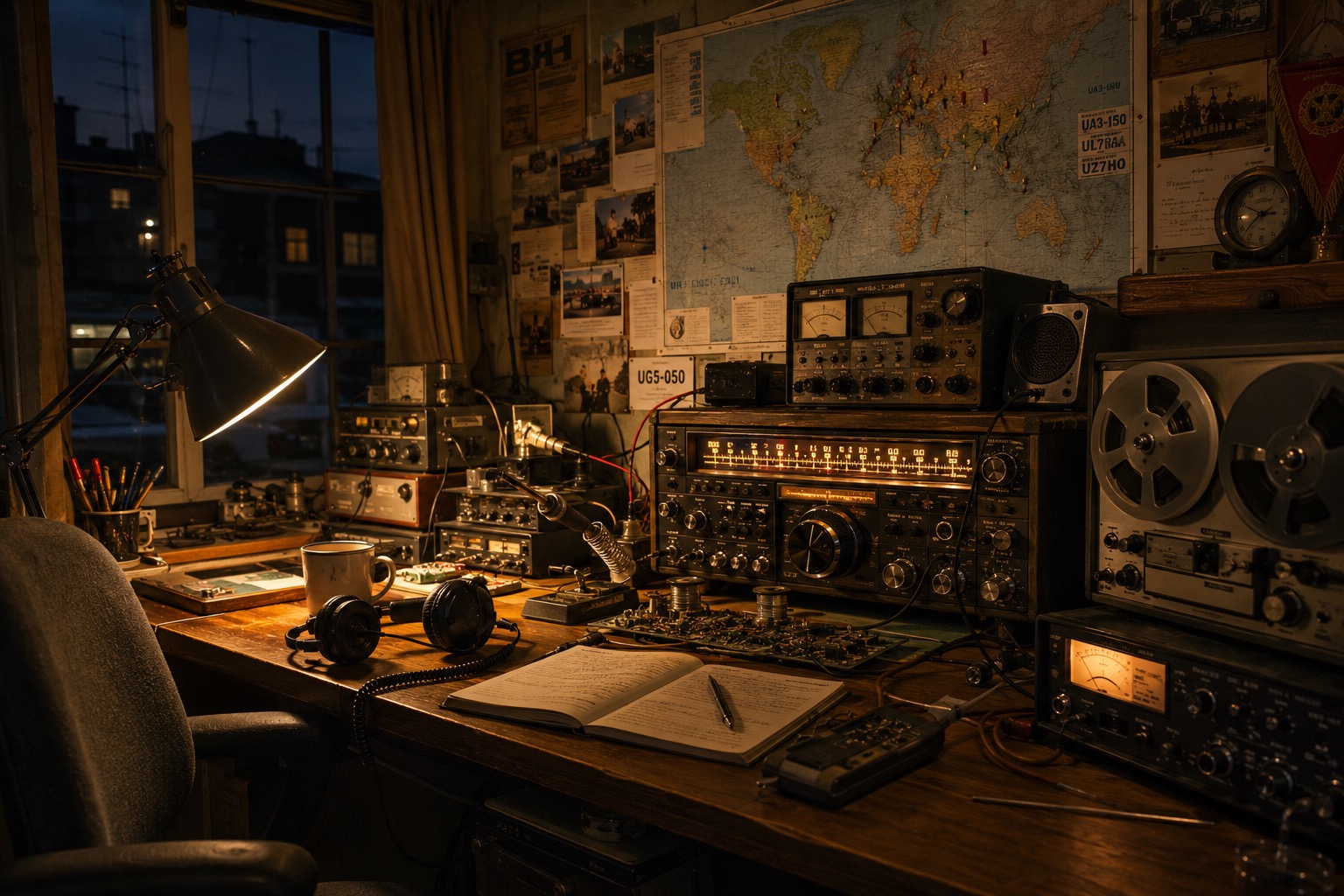 Vintage wooden radio receiver on a warm wooden desk