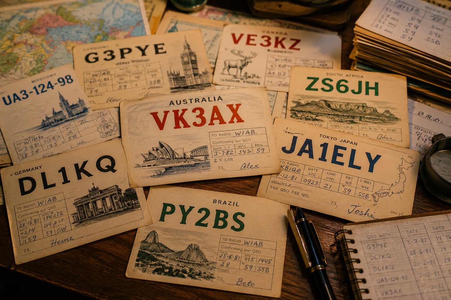 Vintage QSL cards spread across a desk