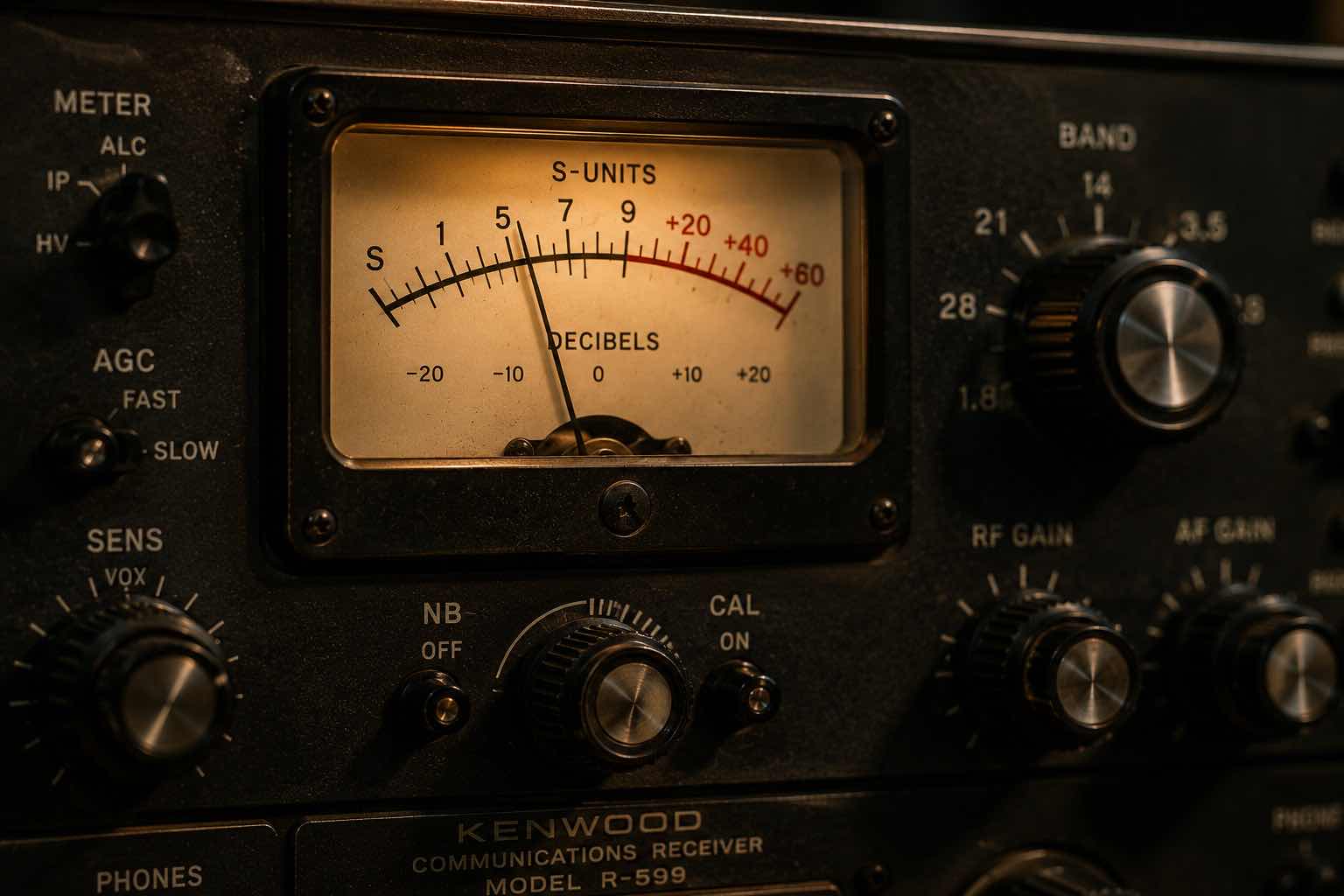 Analog signal strength meter on a vintage receiver