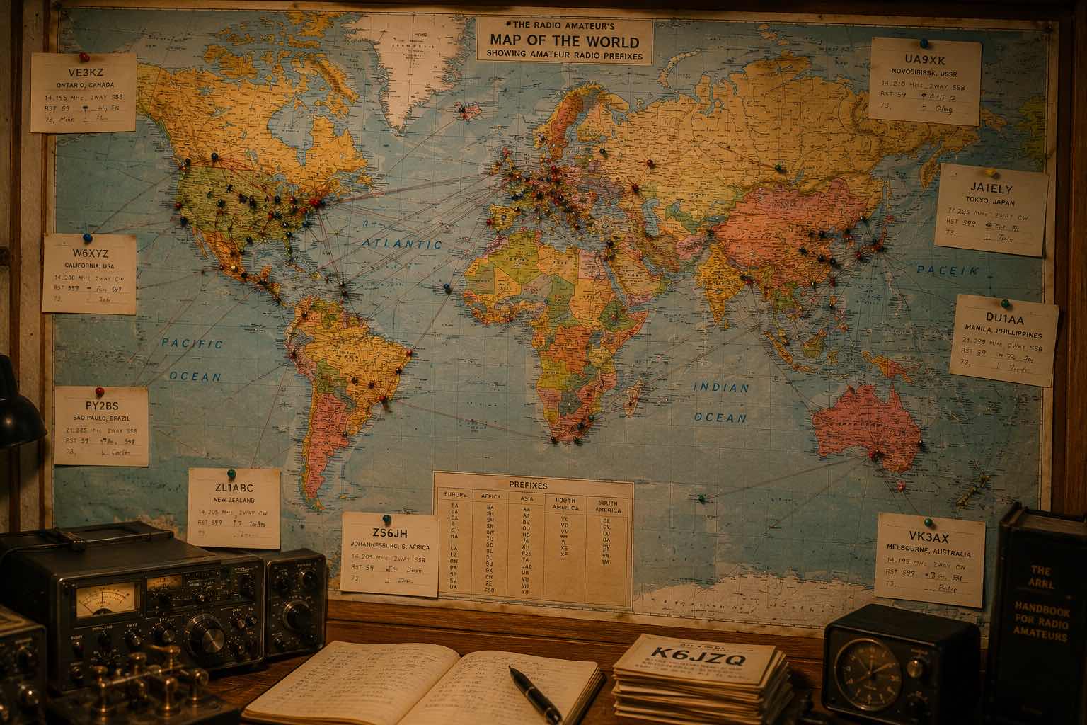 World map with pins marking radio contacts