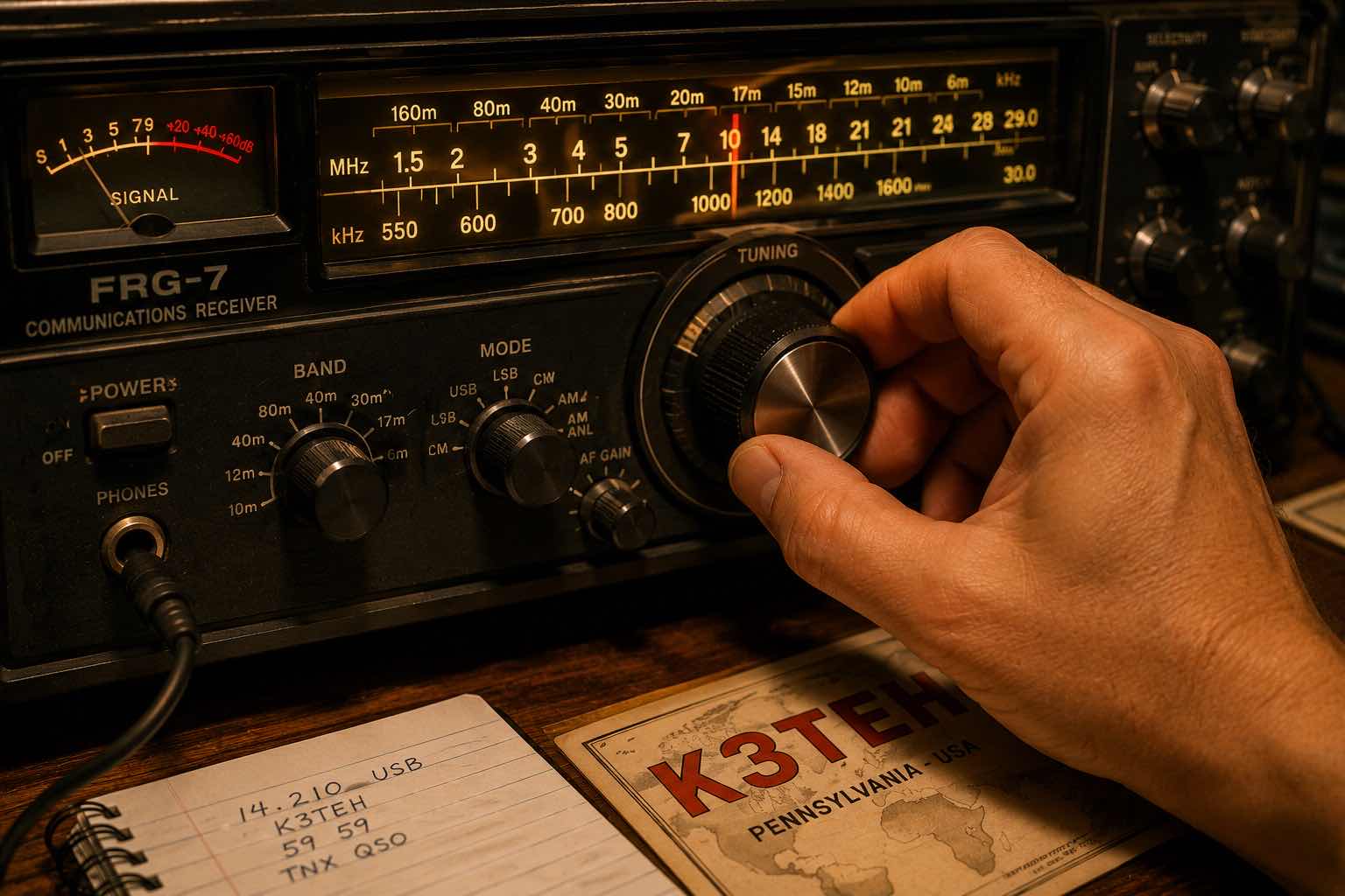 Hand adjusting the tuning knob of a shortwave receiver