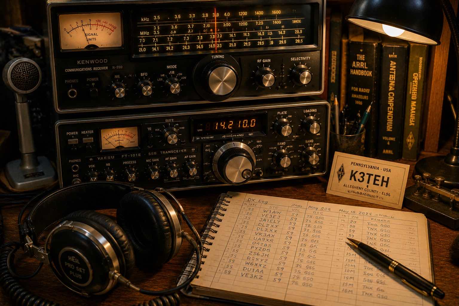 Headphones, radio logs and vintage receivers on a desk